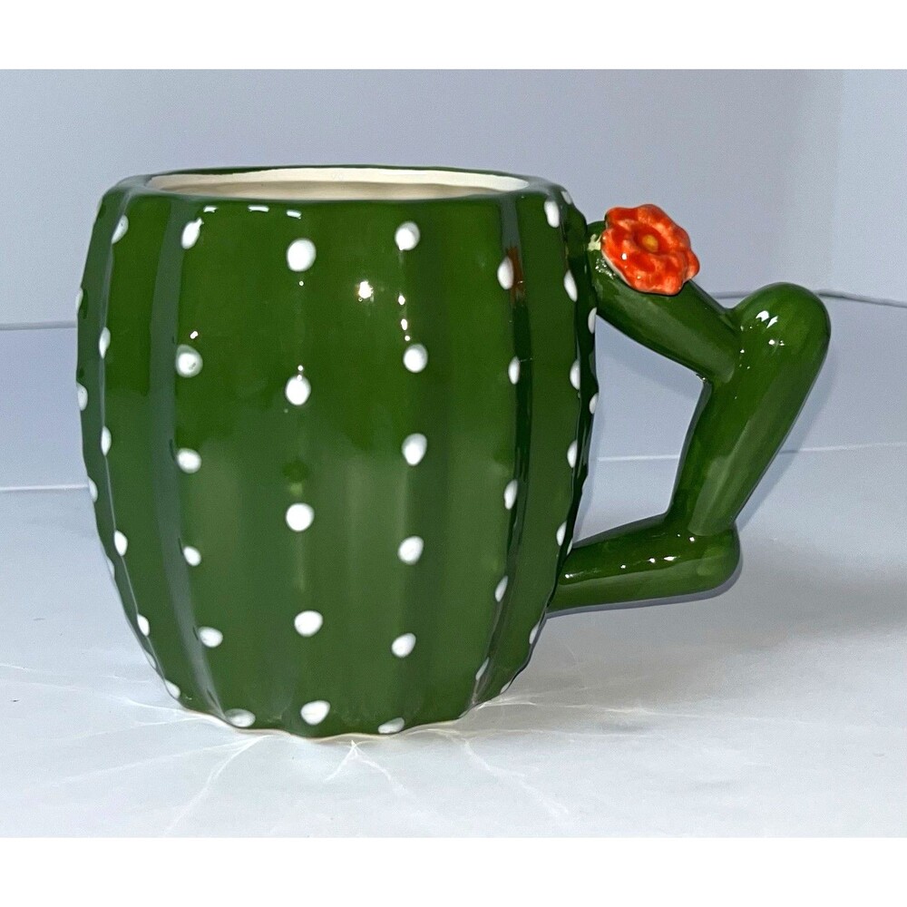 Cactus Figural Novelty Ceramic Coffee Mug Never Used Polka Dot Floral 11 oz